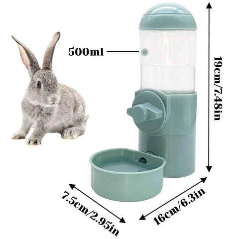 2 Pack No Drip Rabbit Water Bottle 17oz Hanging Automatic Dispenser Zero Drama Leak Proof Plastic Keeper For Bunnies Chinchillas Guinea Pigs Ferrets next to a rabbit