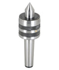 Front view of LiGuVCY MT4 live bearing tailstock center with knurled grip and conical point, metal