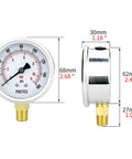 Low Pressure Dry Dial Gauge With A Two And A Half Inch Dial, 304 Stainless Steel Case, Lower Mount, NPT Quarter Inch Connection, Vacuum Range from Minus Thirty to Zero InHg, Built Tough for Harsh Environments, Front and Side View