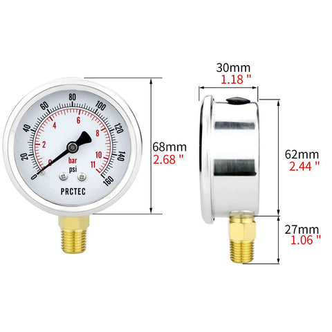 Low Pressure Dry Dial Gauge With A Two And A Half Inch Dial, 304 Stainless Steel Case, Lower Mount, NPT Quarter Inch Connection, Vacuum Range from Minus Thirty to Zero InHg, Built Tough for Harsh Environments, Front and Side View