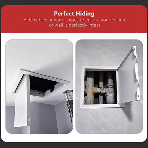 Rock Solid 2 Pack 12X12 Inch Metal Access Panels With Strong Magnetic Latch, showcasing flush installation for wall pipe access.