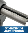 Workhorse Bench Vise With Five and a Half Inch Jaw Five Inch Opening Two and Three Quarter Inch Throat; close-up of 5-inch jaw opening