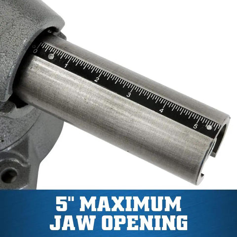 Workhorse Bench Vise With Five and a Half Inch Jaw Five Inch Opening Two and Three Quarter Inch Throat; close-up of 5-inch jaw opening