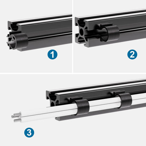 Cable Clips For 2020 Aluminum Profiles 6mm Slot T Slot Accessories Black Linear Rail Cord Organizer attached to black rail with wires