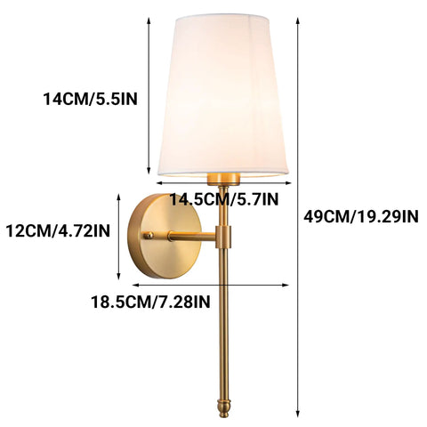 Battery Operated Wall Sconces Set Of 2 With Rechargeable Magnetic Bulbs, RGB Dimmable Wireless Bedroom Lights Up To 50 Hours Runtime, Sleek Brass remote fixture side view image with dimensions.
