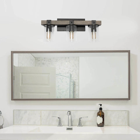 Industrial Rustic Lantern Bath Vanity Light 3 Light Cool Gray Wood Look With Clear Glass Cylinders Uplight Or Downlight Mount Hardwired Espresso Brown Mounting Deck 40W Equivalent Bulbs