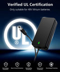 Turbocharged 54.6V 3A Ebike Charger With Auto Shutoff And Intelligent Temperature Control For 48V Lithium Batteries displayed with UL logo