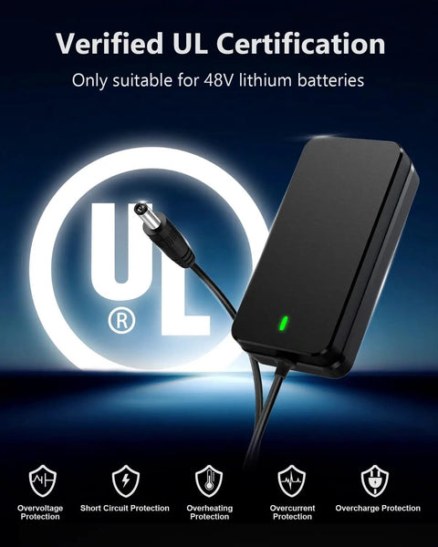 Turbocharged 54.6V 3A Ebike Charger With Auto Shutoff And Intelligent Temperature Control For 48V Lithium Batteries displayed with UL logo
