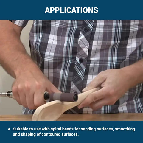 Person using Solid Workhorse One Inch Rubber Expanding Drum Sander With One Quarter Inch Mandrel Rotary Sanding Attachment on wood.