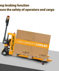 Apollolift 3300 Lb Electric Pallet Jack Truck With 48 By 27 Inch Forks, loaded with cardboard boxes, showcasing ramp braking function.