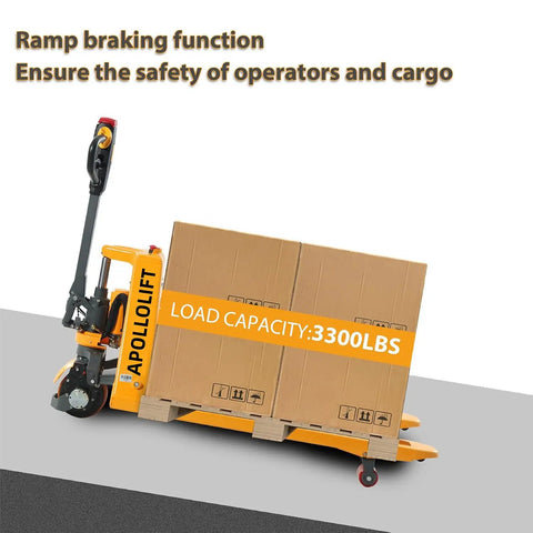 Apollolift 3300 Lb Electric Pallet Jack Truck With 48 By 27 Inch Forks, loaded with cardboard boxes, showcasing ramp braking function.