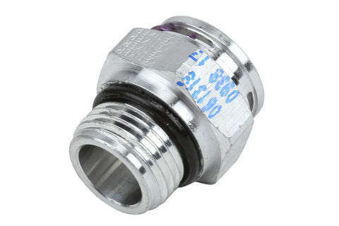 GM Engine Oil Cooler Hose Connector 12614837 OEM Quality Drop In Replacement For Chevy Buick GMC Cars shown in metal finish.