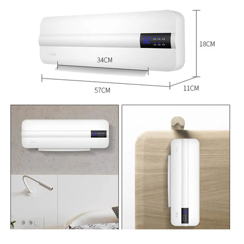 Wall Mounted Bathroom Heater And Waterproof Air Conditioning Fan Providing Snappy Heat And Quick Cool Down With Zero Hassle Remote Operation Clear Digital Readouts Flexible Timer Modes And Dependable Year Round Performance dimensions shown on a light wall.