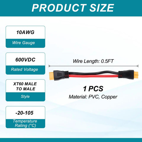Beefy XT60 Extension Cable 10AWG 0.5ft Male To Female Connector For RC Batteries Drones Solar Panels FPV Gear Portable