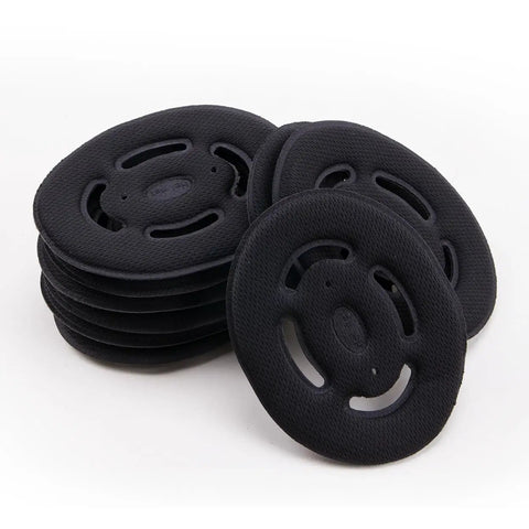 Stack of black round breathable helmet liner inserts made from soft sponge, fit for most standard bump caps and hard hats.