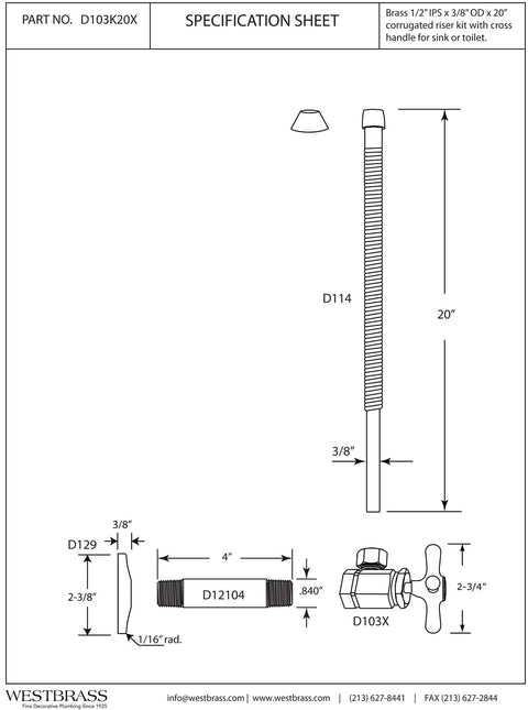 Cross Handle Compression Angle Stop Kit With Corrugated Riser Supply Line One Half Inch IPS Inlet To Three Eighth Inch OD Outlet Twenty Inch Length Polished Brass Includes Faucet And Toilet Cone Washers