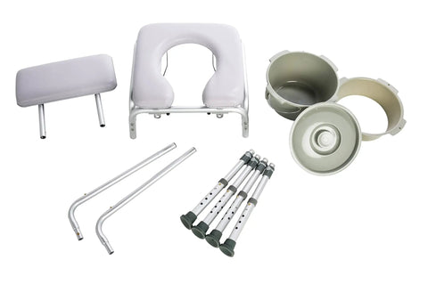 Lumex Deluxe Padded Shower Chair With Commode Opening parts for easy assembly and transport, includes seat, legs, and basin.