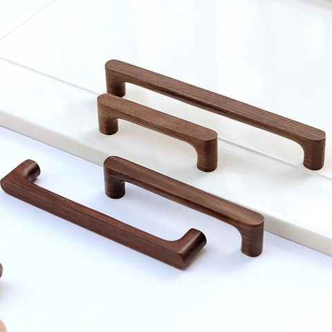 Dark Walnut Solid Wood Cabinet Pulls 2 Pack, showing two 160mm pieces with natural wood grain, laid on a white surface.