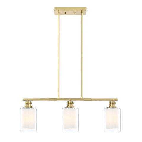 Three Light Modern Clear Opal Glass Kitchen Island Light Fixture In Rustic Farmhouse Brushed Nickel Finish, front view, gold variant