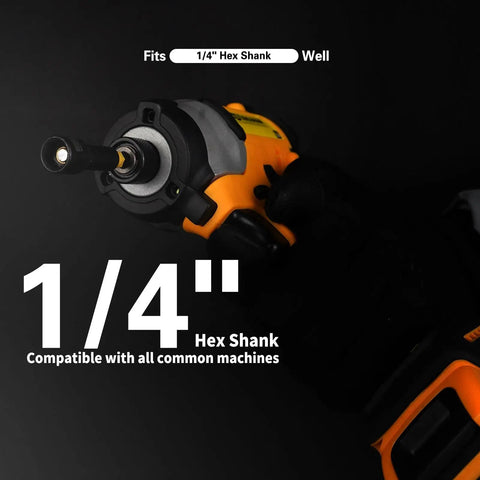 Close-up of power drill with 1/4" hex shank, part of the 55 Piece Magnetic Impact Nut Driver Set With Deep SAE And Metric Sockets.