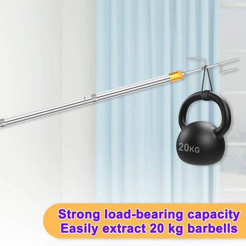 Adjustable 29 To 71 Inch Clothes Line Pole With Dual Hooks holding a 20kg weight in front of a curtain background