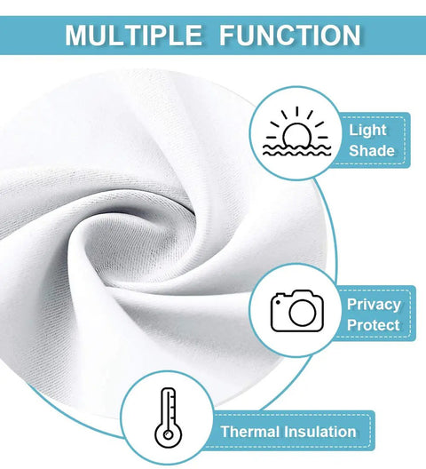 Close-up of Easy Install French Door Curtain with symbols for light shade, privacy, and thermal insulation on white fabric.