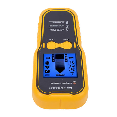 Rcniso wall detector with metal wood stud finder, 5 in 1 scanner for pipes showing digital display and control buttons.