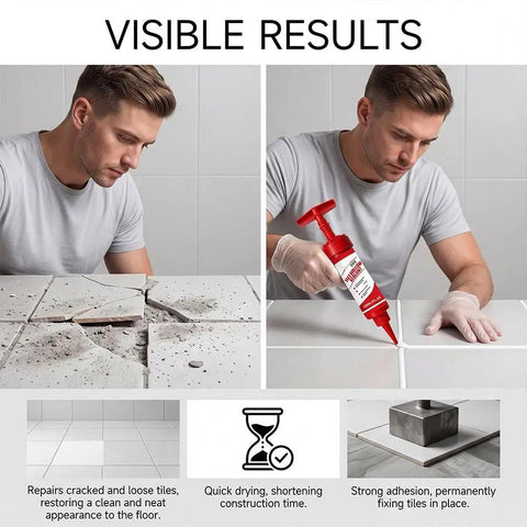 DIY Floor Repair Kit 150ml Quick Dry Tile Adhesive fixing loose floor tiles with precision injection tip, visible results chart