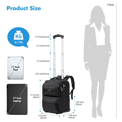 Rolling Laptop Backpack With Wheels For Travel, 17.7 Inch Carry On Wheeled Backpack For Men And Women, Durable 900D Oxford, Reflective Safety Strip,
