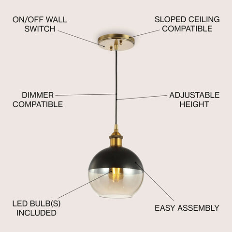 Brass Gold And Black Mid Century Modern Globe Pendant Light With Adjustable Cord And LED Bulbs Included, Champagne Smoked Glass Shade For Kitchen Island
