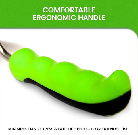 Close-up of ergonomic green handle on Transplanter Trowel Shovel For Gardening Stainless Steel Rust Resistant Ergonomic Grip Hand Shovel Tool