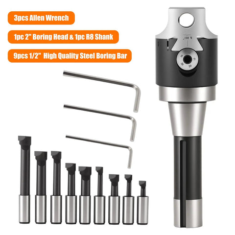 Nine Piece Two Inch Boring Head R8 Shank Tool Set with Half Inch Boring Bar, heat resistant steel, Allen wrenches