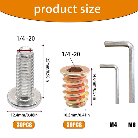 Top Shelf M6 Threaded Inserts For Wood With Furniture Screws Carbon Steel Screw In Nuts Hex Socket Drive Fasteners Includes Wrench 30 Piece Set dimensions and details.