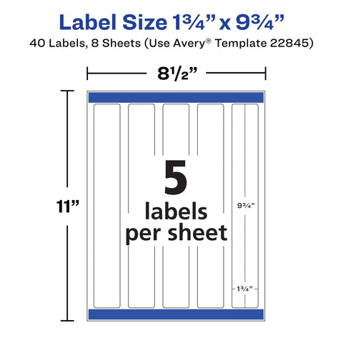 Label size diagram for Slick Waterproof Wraparound Rectangle Labels Matte White 1-1/4 X 9-3/4 Inches with 5 labels per sheet.