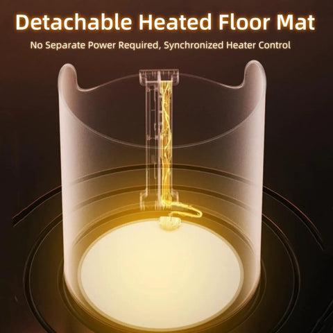 Illustration of Under Desk Electric Foot Warmer with detachable heated floor mat and synchronized heater control