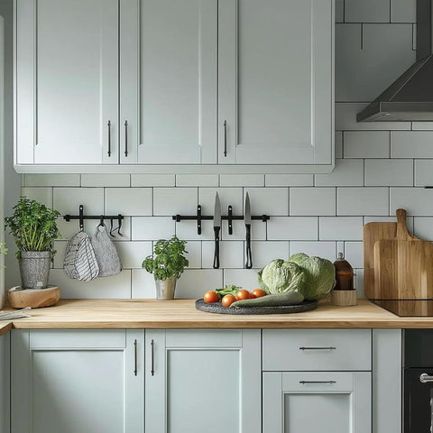 Modern kitchen with 4 Inch Matte Black Cabinet Pulls Pack Of 2 Heavy Duty Solid Hardware on gray cabinets and wooden countertop.