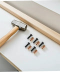 Wood Furniture Threaded Inserts Kit With Bolts Nuts Wrenches And Drill Bit 50 Piece Metal Connector Hardware Set shown with hammer