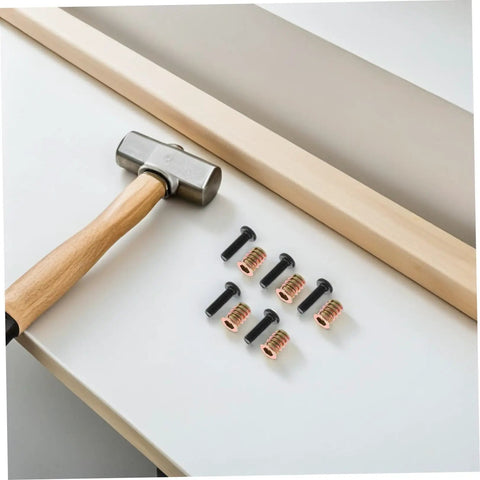 Wood Furniture Threaded Inserts Kit With Bolts Nuts Wrenches And Drill Bit 50 Piece Metal Connector Hardware Set shown with hammer