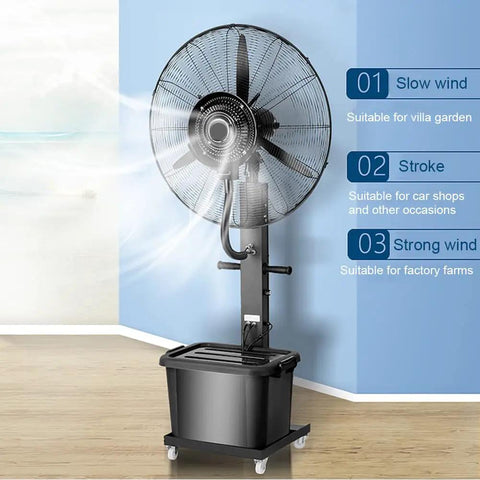 Heavy Duty Industrial Spray Fan With Water Mist Cooling, adjustable commercial floor blower with 42L water tank for warehouses.