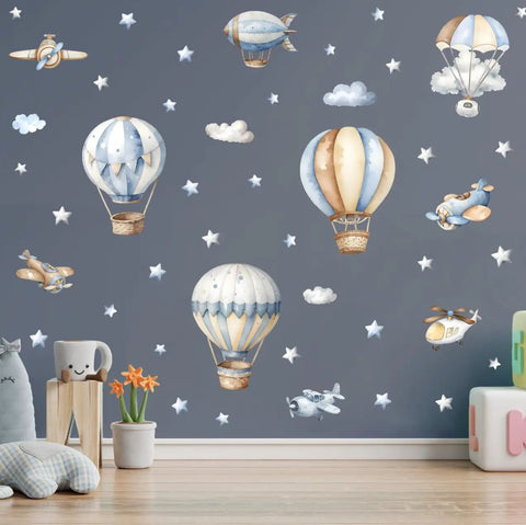 Watercolor Hot Air Balloon Wall Stickers Set With Airplane And Cloud Vinyl Decals Removable DIY Wall Art For Kid Rooms 46 Pieces