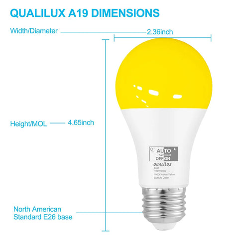 Dusk To Dawn Amber Yellow Bug Light Bulbs Outdoor 1900K Warm 600 Lumen 9.5W E26 Base 4 Pack Auto On Off No App Needed dimensions