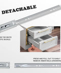 Installation of 14 Inch Soft Close Drawer Slides Set of 4 Pairs with Ball Bearing Full Extension, showing detachable feature.