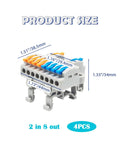 Workhorse 4 Pack 2 In 8 Out DIN Rail Terminal Blocks With 8 Removable Rail Clips showing dimensions and connection ports.
