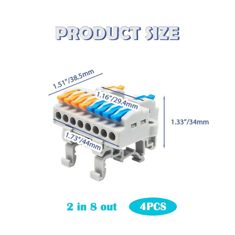 Workhorse 4 Pack 2 In 8 Out DIN Rail Terminal Blocks With 8 Removable Rail Clips showing dimensions and connection ports.