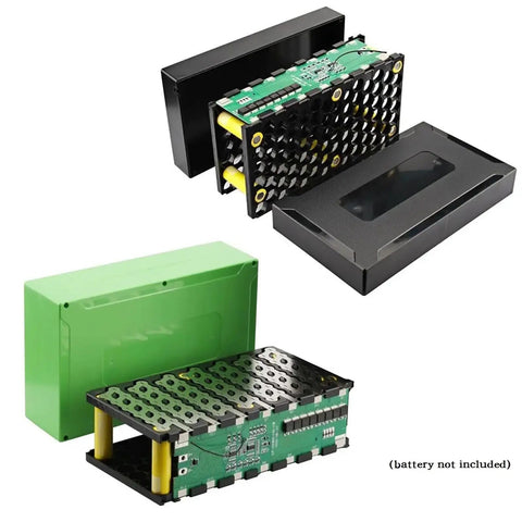 Heavy Duty 48V 13S 6P Electric Bicycle Battery Box Compatible With 18650 Cells Foldable Ebike Enclosure showing black and green cases.