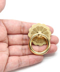 4 Pack Antique Brass Ring Pulls 30mm Diameter Vintage Gold Cabinet Hardware Flower Shape Ring Pull Knobs in hand