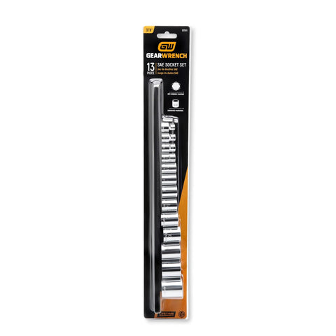 Packaging of Three-Eighths Inch Drive 12 Point Standard Socket Set SAE 13 Piece With Off-Corner Loading Design Chamfered Opening Guides
