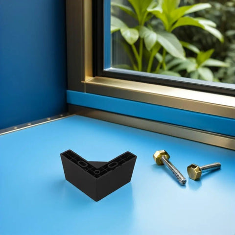 Rock Solid L Shaped Furniture Legs With M5 Mounting Screws on blue surface, window backdrop