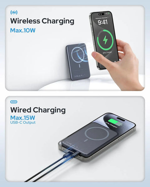 Compact 5000mAh MagSafe Portable Charger With Rock Solid Magnetic Grip And Slick Wireless Power Bank charging an iPhone wirelessly and wired.