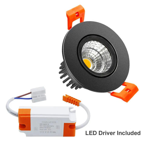 2 Inch LED Dimmable Downlight With 3W COB, Recessed Ceiling Light, Warm White 3000K-3500K, Black Trim, LED Driver Included